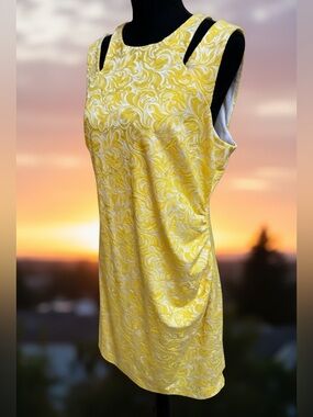 CACHE YELLOW JACQUARD FLORAL CUT OUT SLEEVELESS SHEATH DRESS SIZE 14